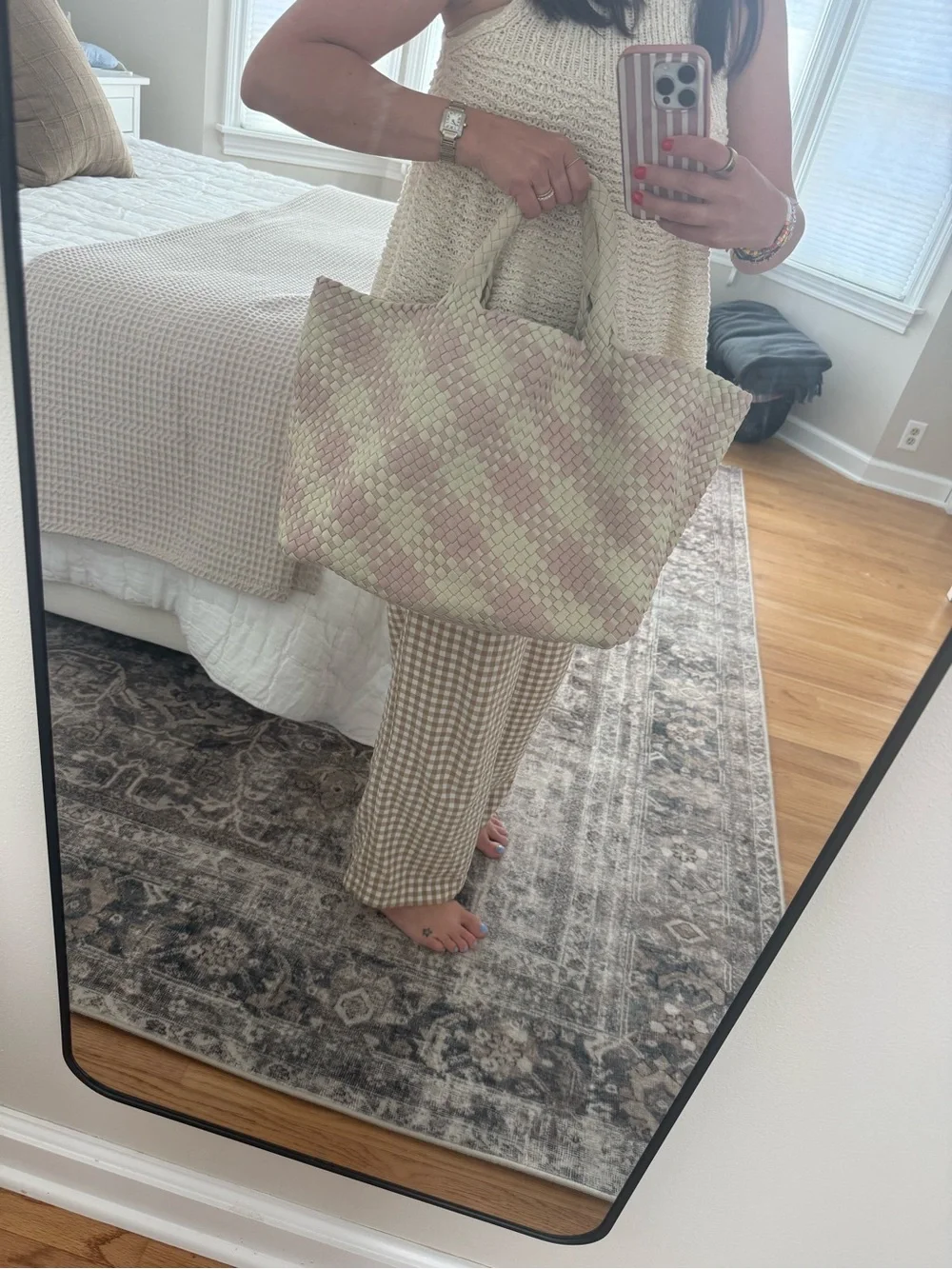 Naghedi Large St. Barthes Tote- Pink & Cream Checked - Picture 2 of 5